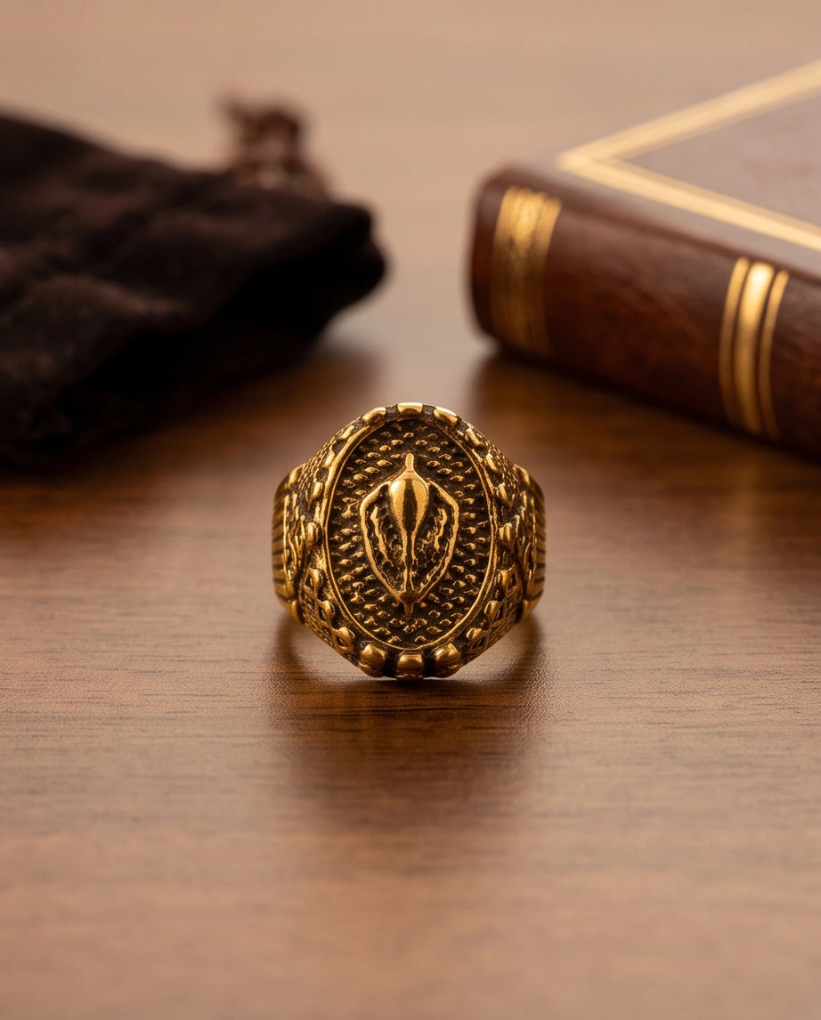 Sculptured Emblem Oval Gold Signet Ring