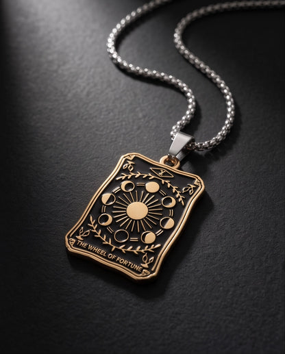 Gold "The Wheel of Fortune" Tarot Card Pendant Necklace