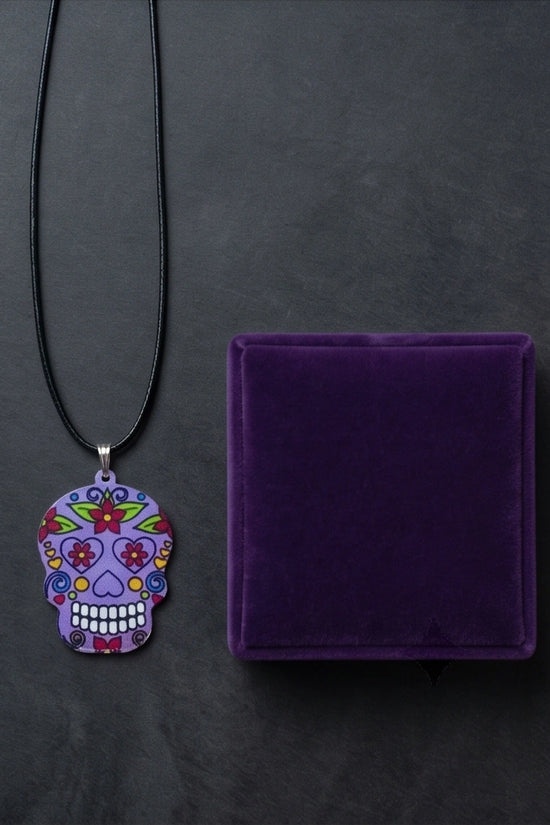 Vibrant Purple Sugar Skull Día de los Muertos Pendant Necklace