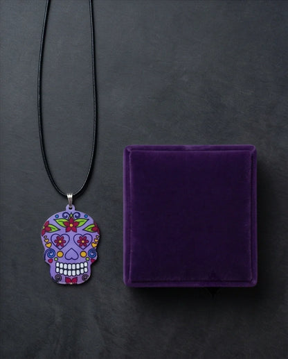 Vibrant Purple Sugar Skull Día de los Muertos Pendant Necklace