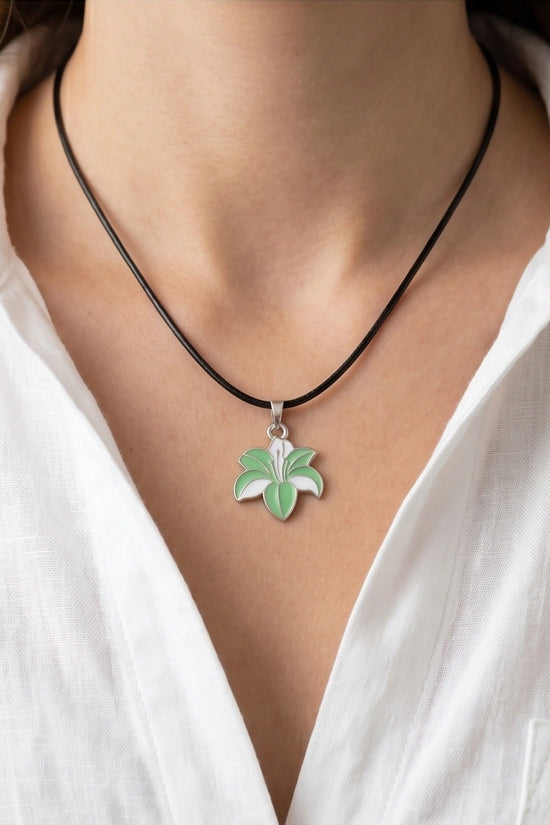 Elegant Green and White Lily Enamel Pendant Necklace