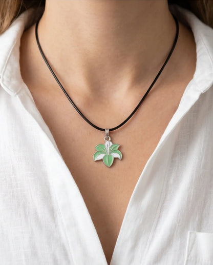 Elegant Green and White Lily Enamel Pendant Necklace