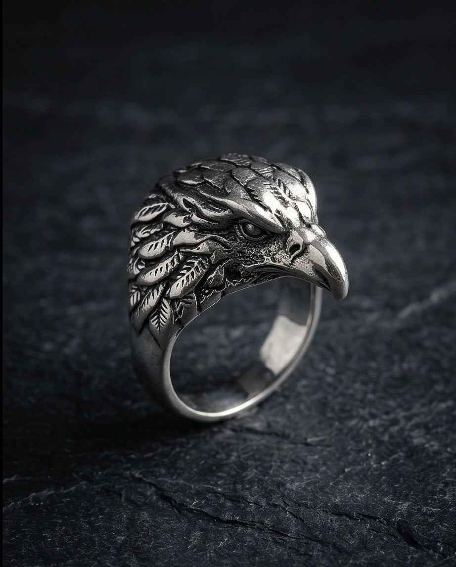 Vintage Silver Oxidized Eagle Head Biker Statement Ring