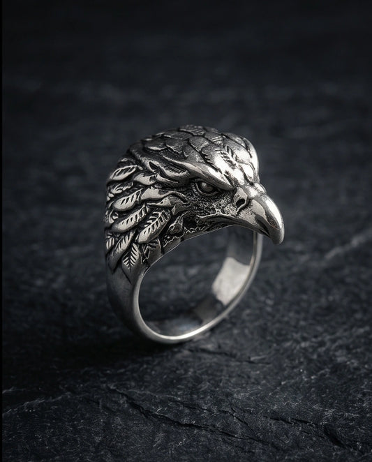 Vintage Silver Oxidized Eagle Head Biker Statement Ring