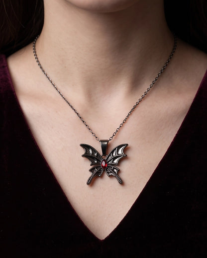 Black Bat-Wing Butterfly Red Gem Pendant Necklace
