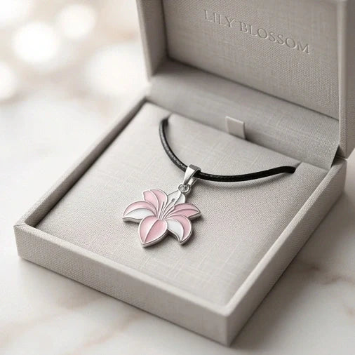 Elegant Pastel Pink and White Lily Enamel Pendant Necklace