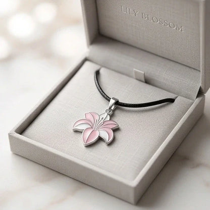 Elegant Pastel Pink and White Lily Enamel Pendant Necklace