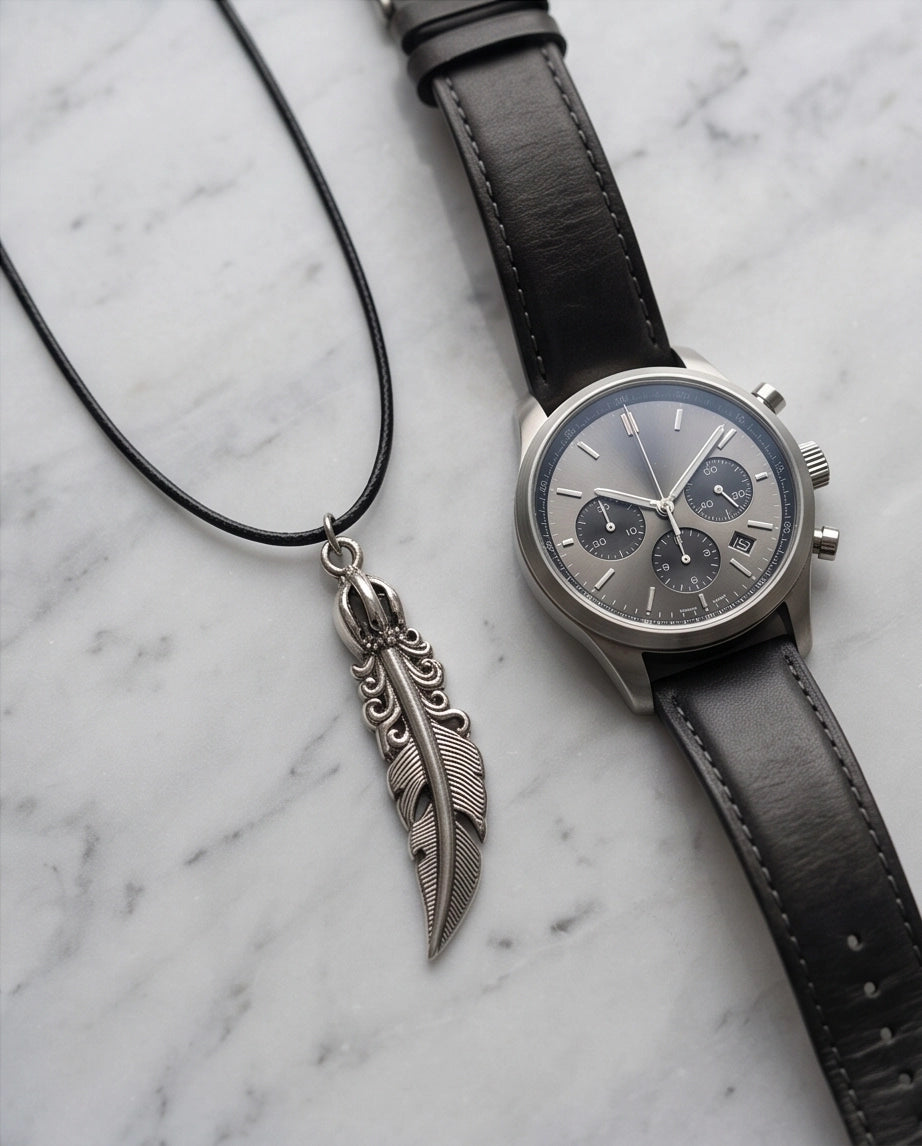 Silver Tribal Feather Cord Necklace
