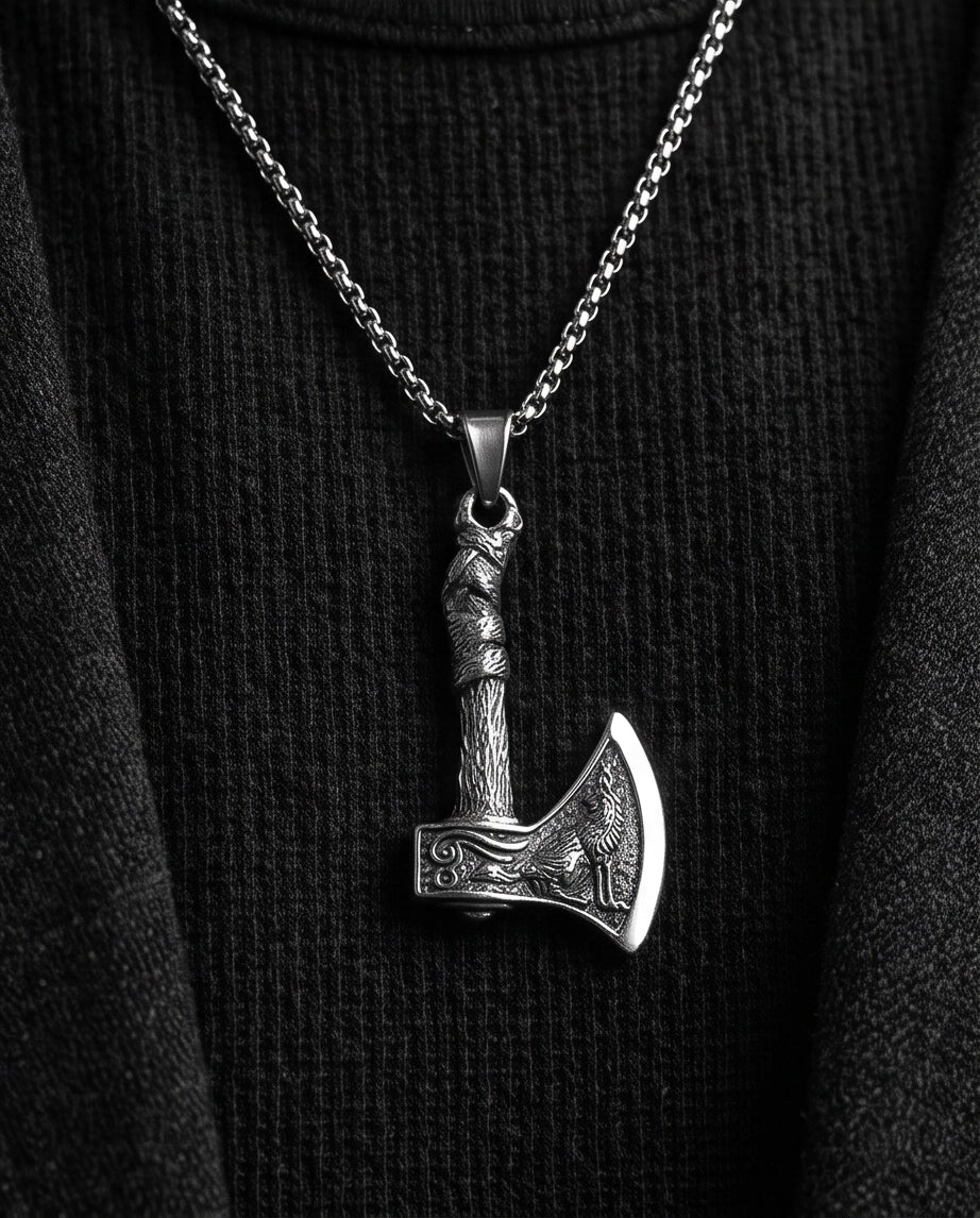 Silver Viking Axe Wolf Pendant Necklace