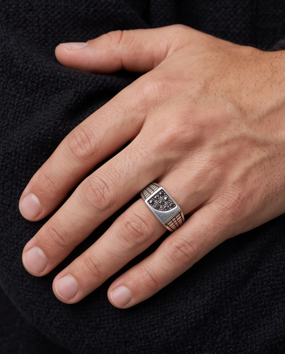 Garnet Micro-Pavé Geometric Segment Band Silver Ring