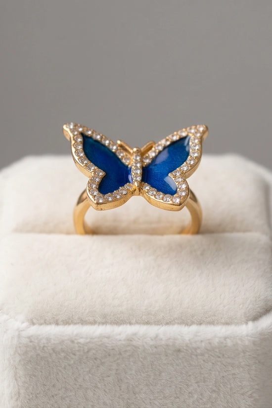Gold Plated Royal Blue Enamel Butterfly Statement Ring