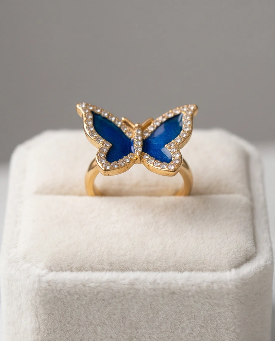 Gold Plated Royal Blue Enamel Butterfly Statement Ring