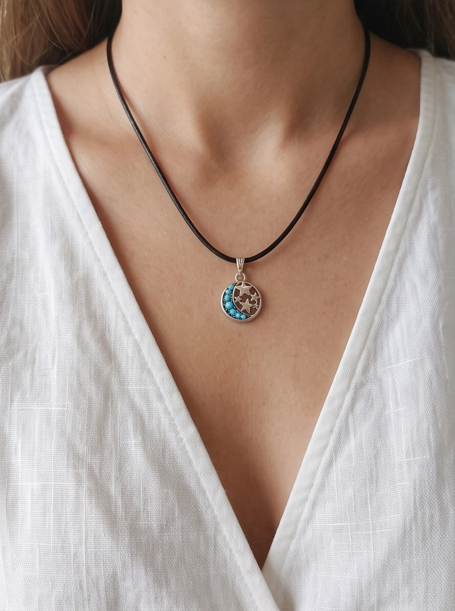 Turquoise Crescent Moon & Star Pendant Necklace