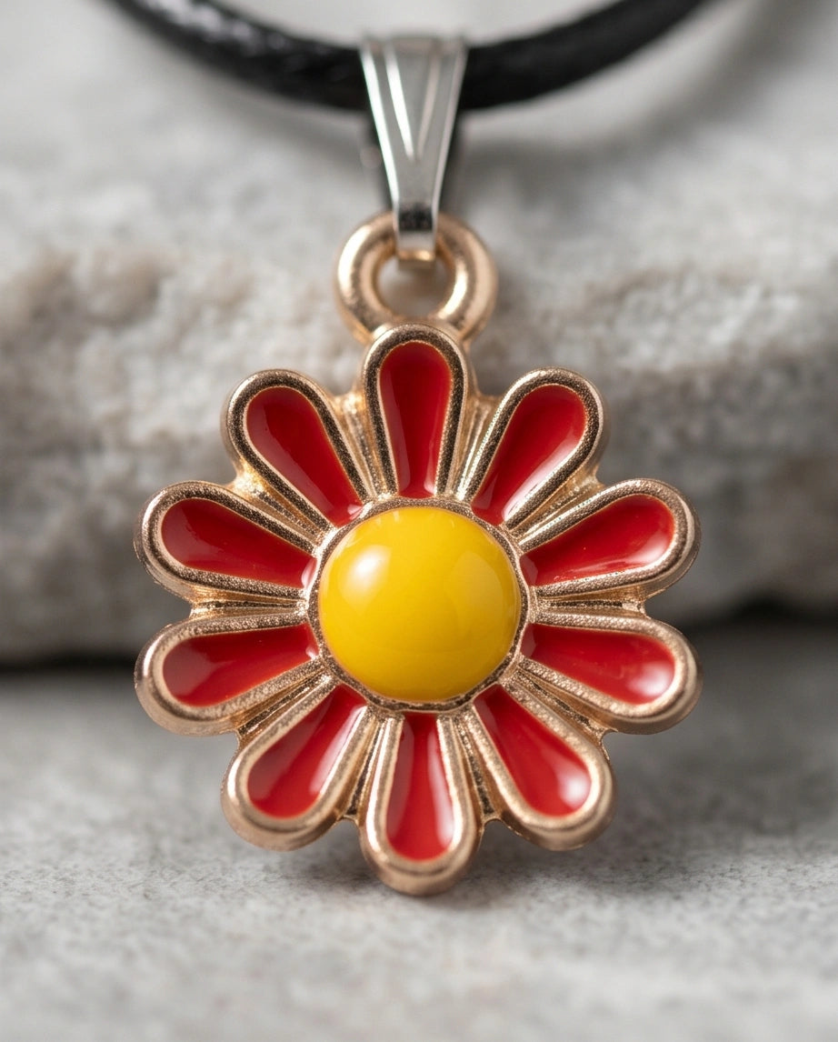 Gold and Red Flower Pendant Necklace