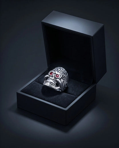 Crimson-Eyed Tribal Ornament Skull Ring