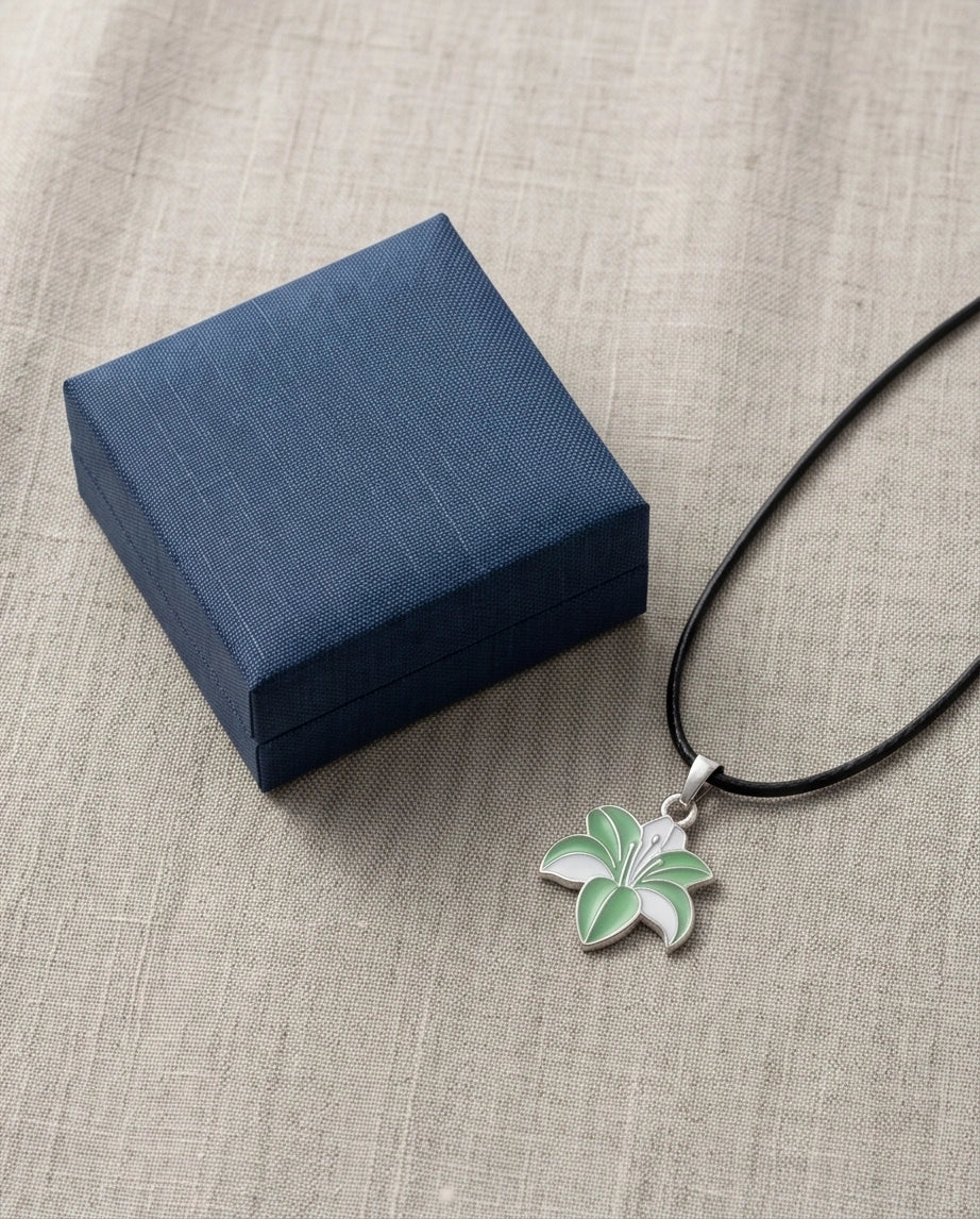 Elegant Green and White Lily Enamel Pendant Necklace