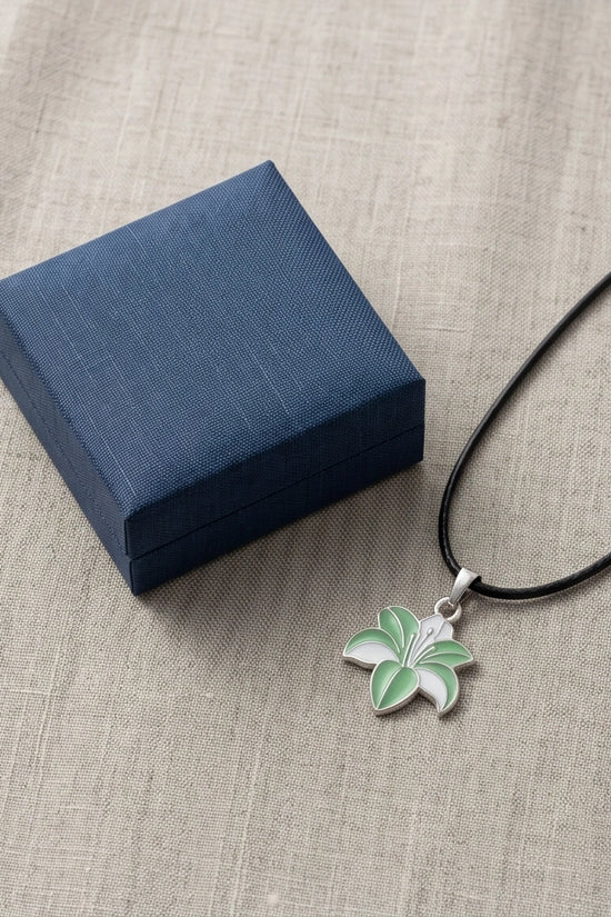 Elegant Green and White Lily Enamel Pendant Necklace