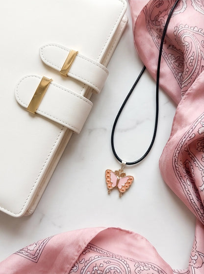 Pink & Peach Enamel Butterfly Pendant Necklace
