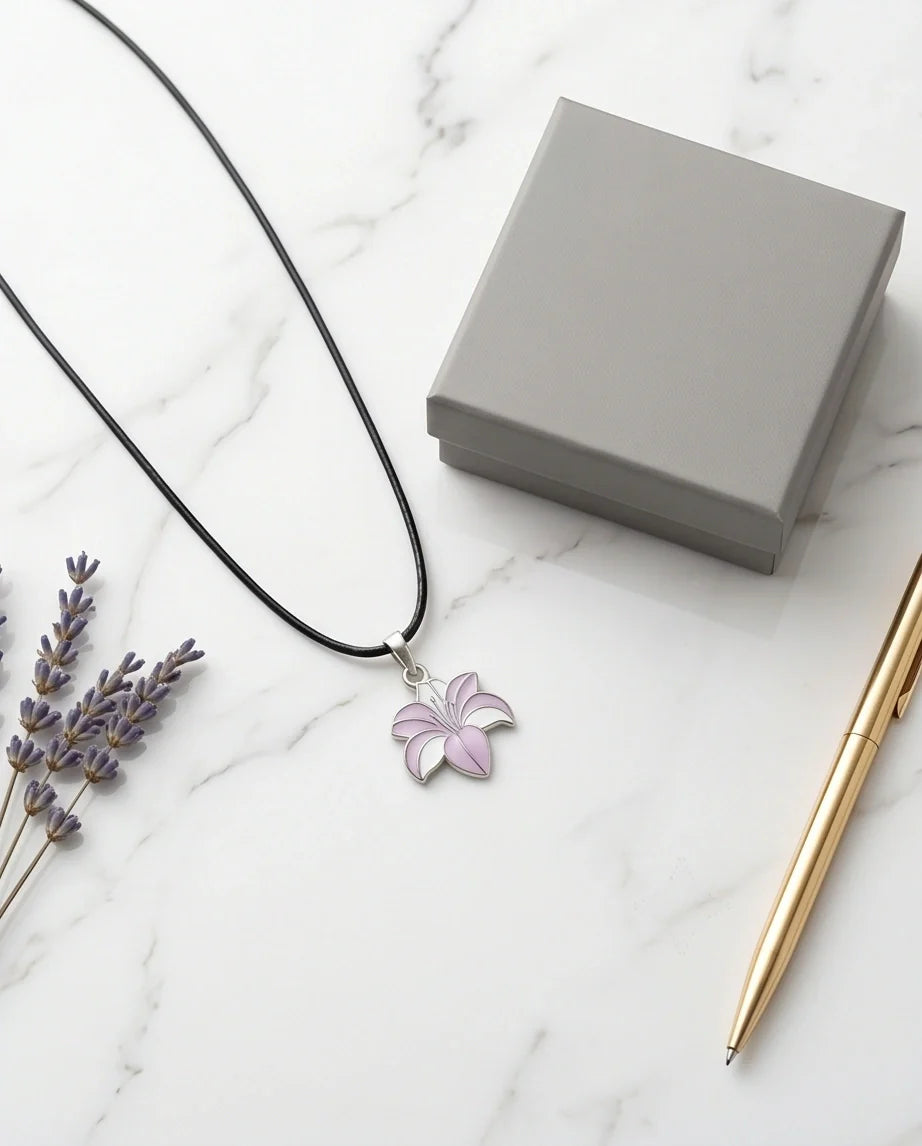 Elegant Pastel Pink and White Lily Enamel Pendant Necklace