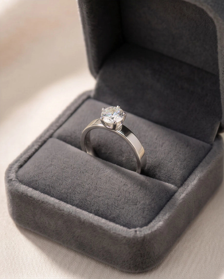 Silver Round Gemstone Crown Band Solitaire Ring