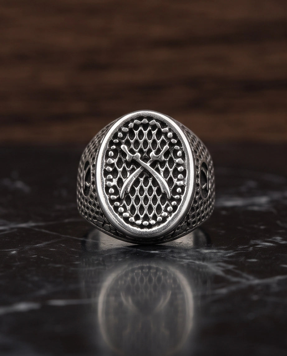 Crossed Scimitars Mesh Signet Ring