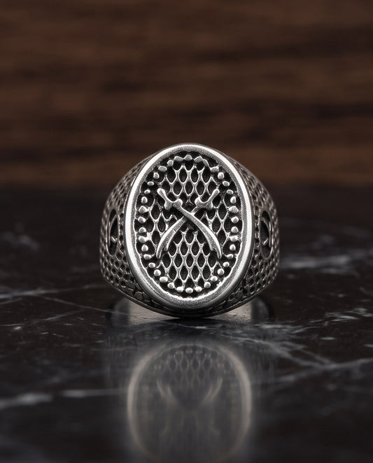 Crossed Scimitars Mesh Signet Ring
