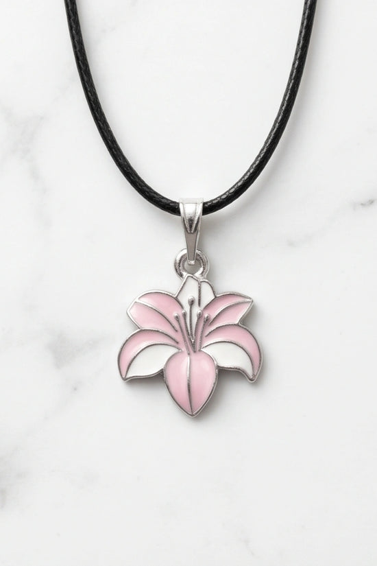 Elegant Pastel Pink and White Lily Enamel Pendant Necklace