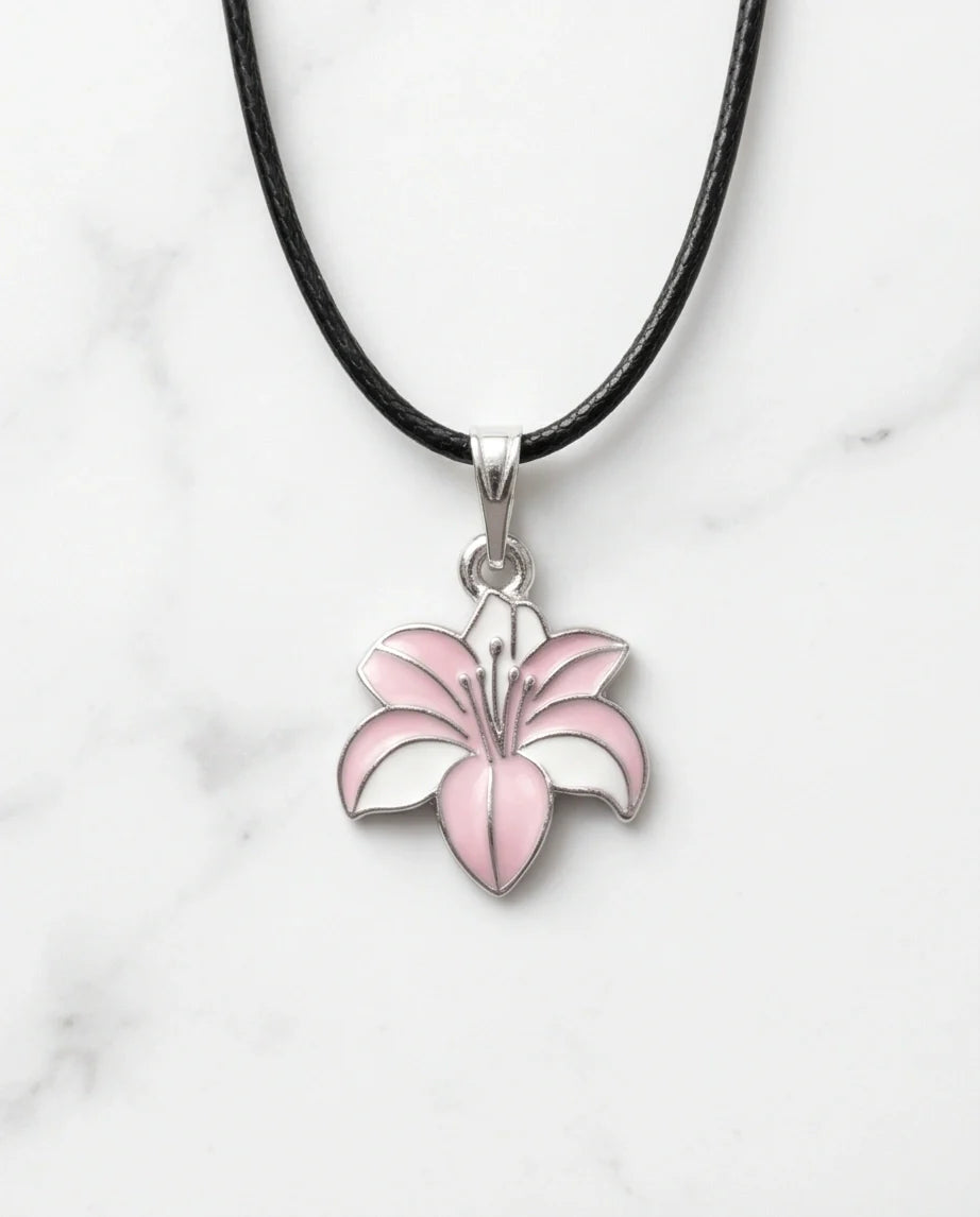 Elegant Pastel Pink and White Lily Enamel Pendant Necklace