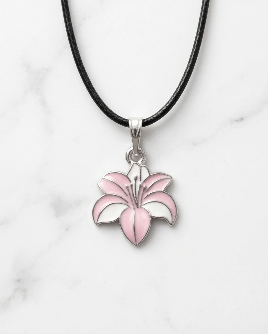 Elegant Pastel Pink and White Lily Enamel Pendant Necklace