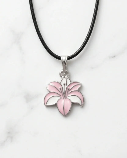 Elegant Pastel Pink and White Lily Enamel Pendant Necklace