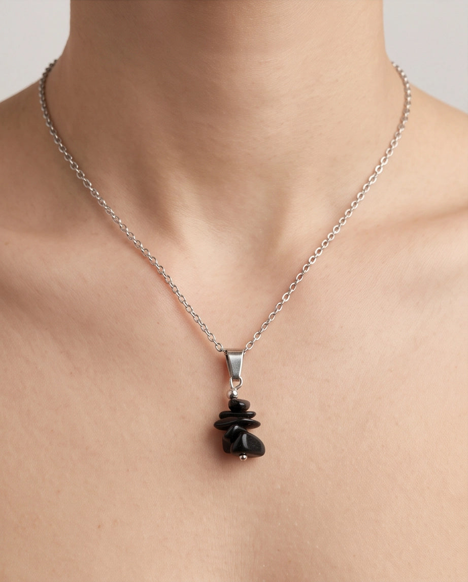 Silver Stacked Raw Black Obsidian Chip Stone Pendant Necklace