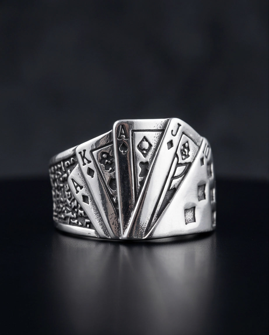 Royal Flush Playing Cards Band Silver Ring