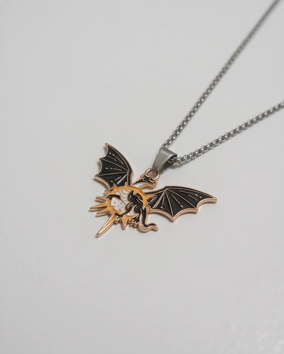Gold Celestial Winged Dragon Enamel Pendant Necklace