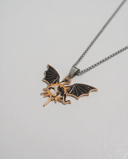 Gold Celestial Winged Dragon Enamel Pendant Necklace