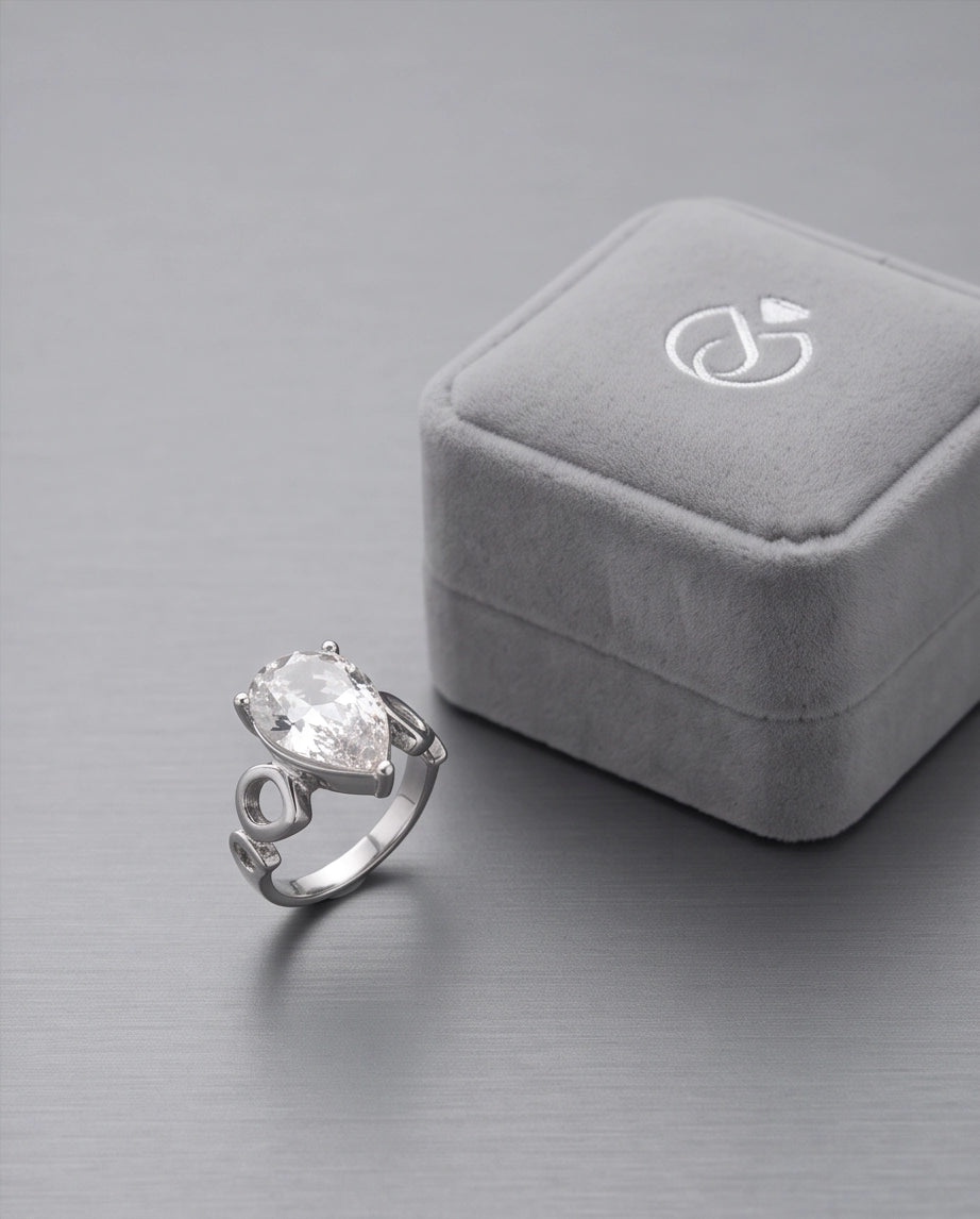 Clear Gemstone Prong-Set Teardrop Loop Silver Ring
