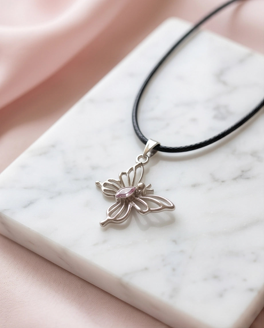 Openwork Butterfly Gemstone Cord Necklace