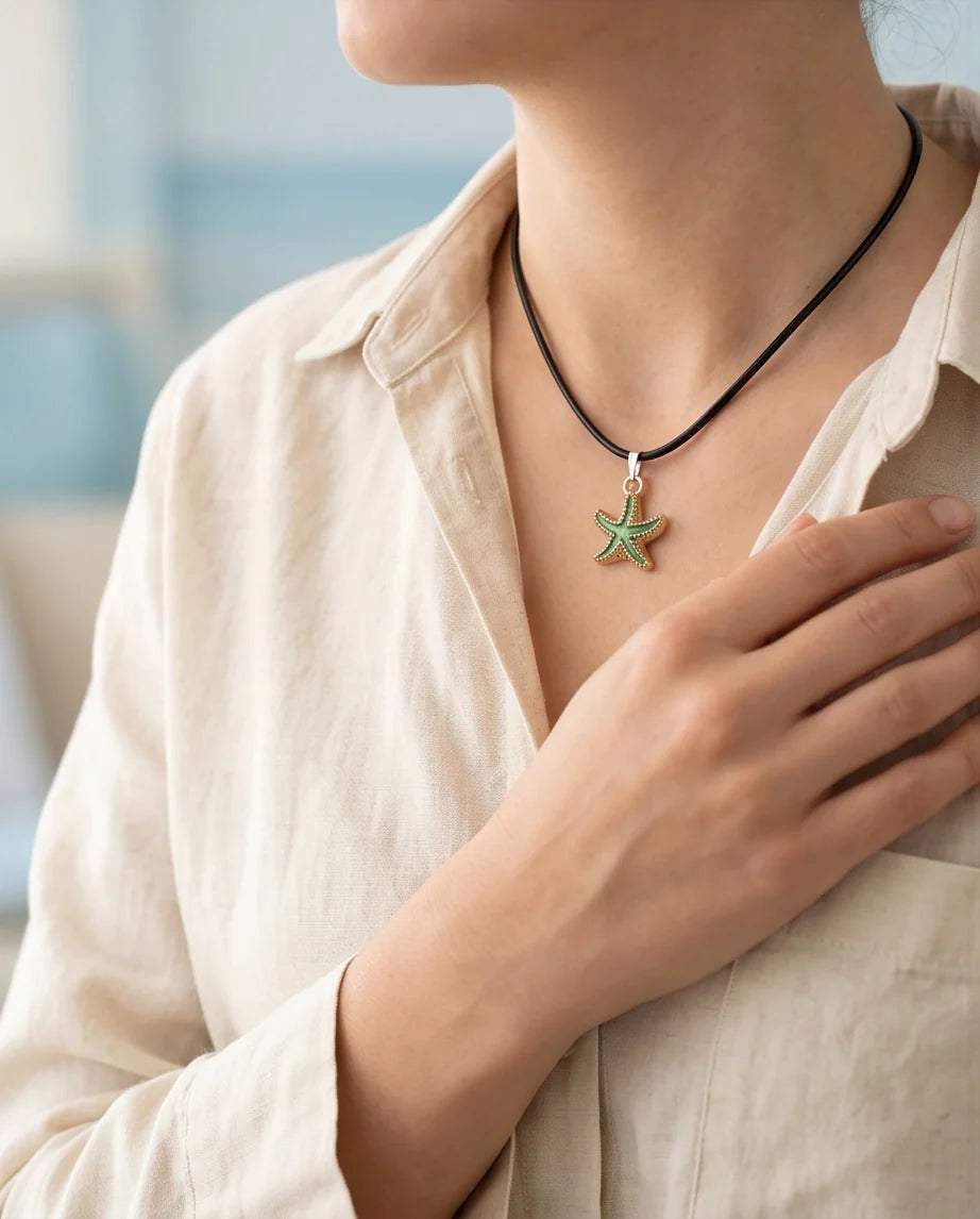 Gold and Textured Green Starfish Necklace
