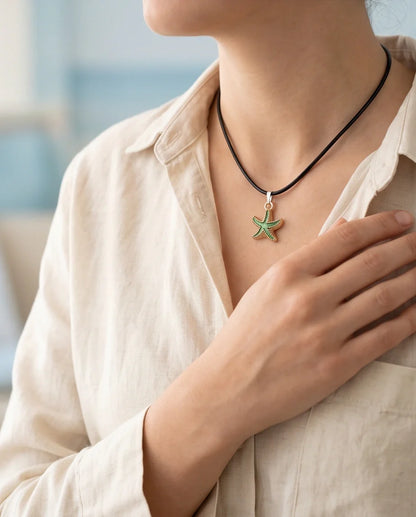 Gold and Textured Green Starfish Necklace