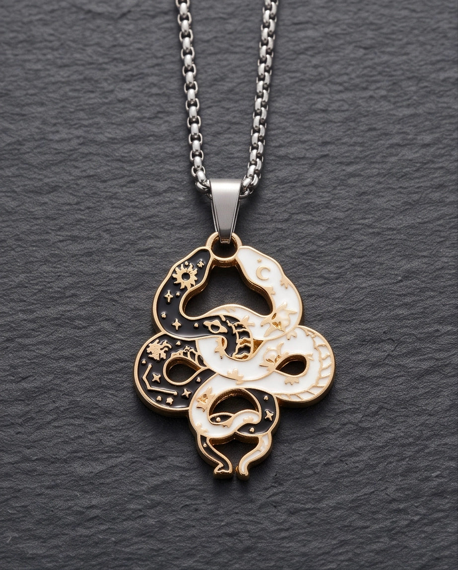 Gold Dual Serpent Celestial Enamel Pendant Necklace