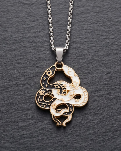 Gold Dual Serpent Celestial Enamel Pendant Necklace