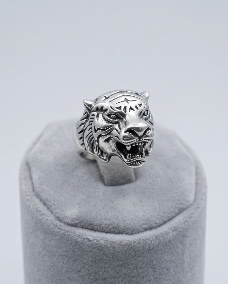 Vintage Silver Oxidized Roaring Tiger Head Statement Ring