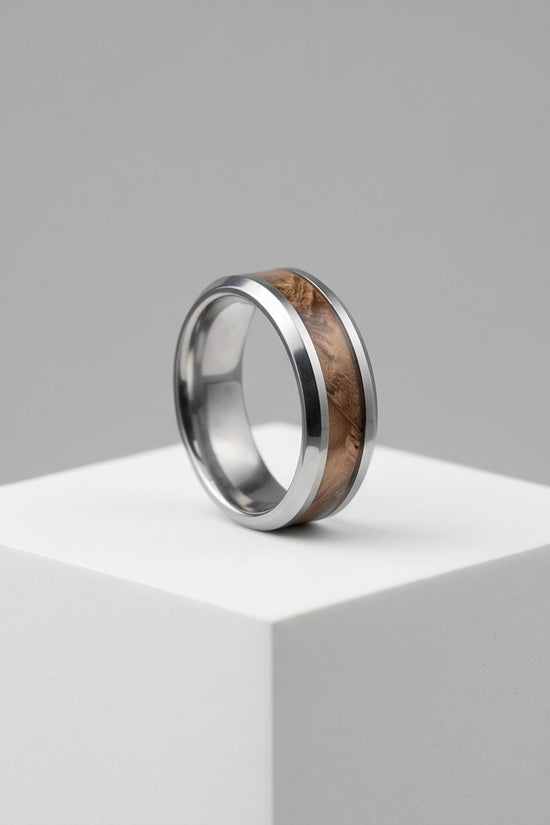 Natural Koa Wood Inlay Silver Band Ring