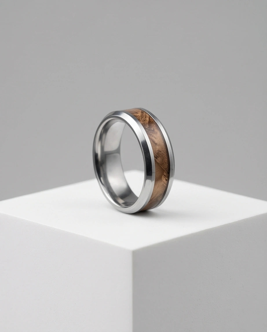 Natural Koa Wood Inlay Silver Band Ring