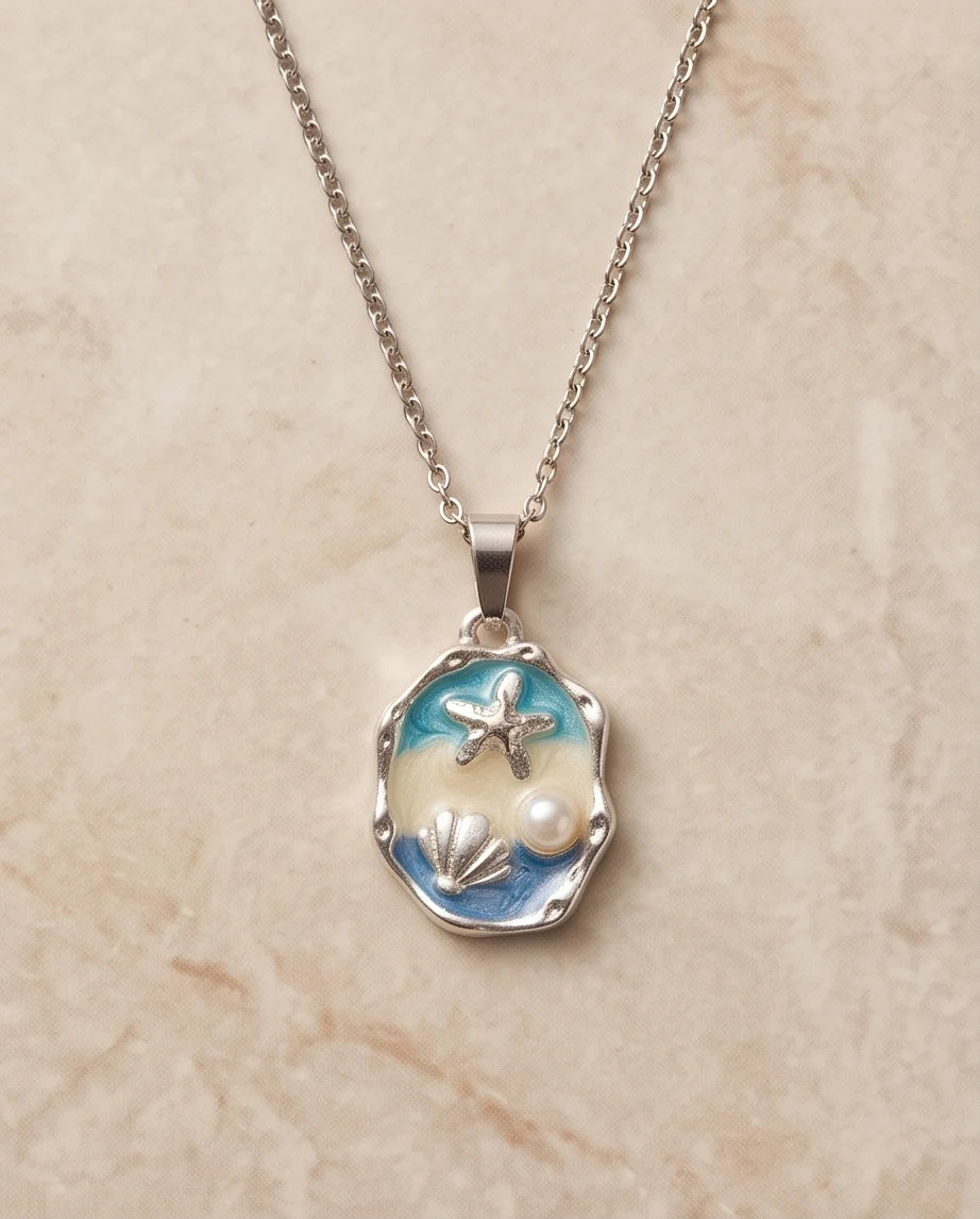 Silver Blue Seashell Starfish Pearl Enamel Medallion Chain Necklace