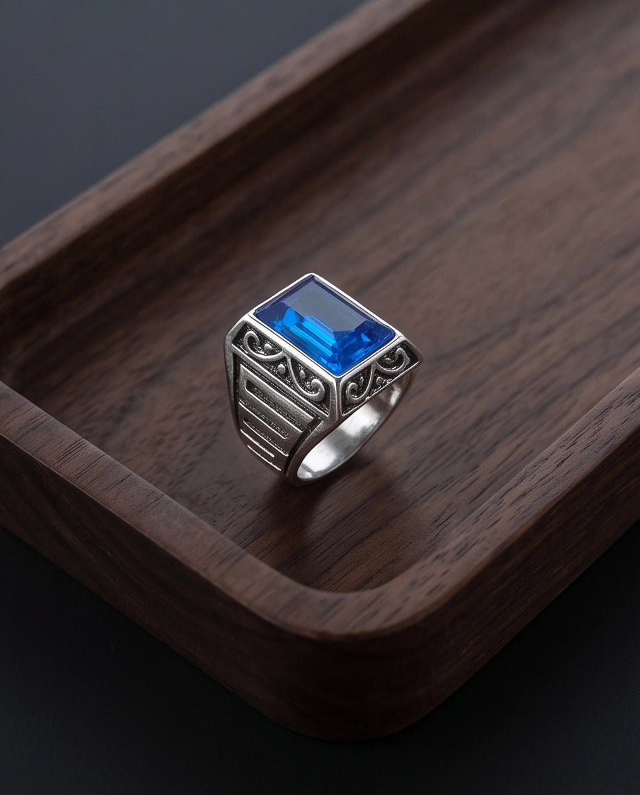 Sapphire Gemstone Rectangular Filigree Bezel Silver Ring