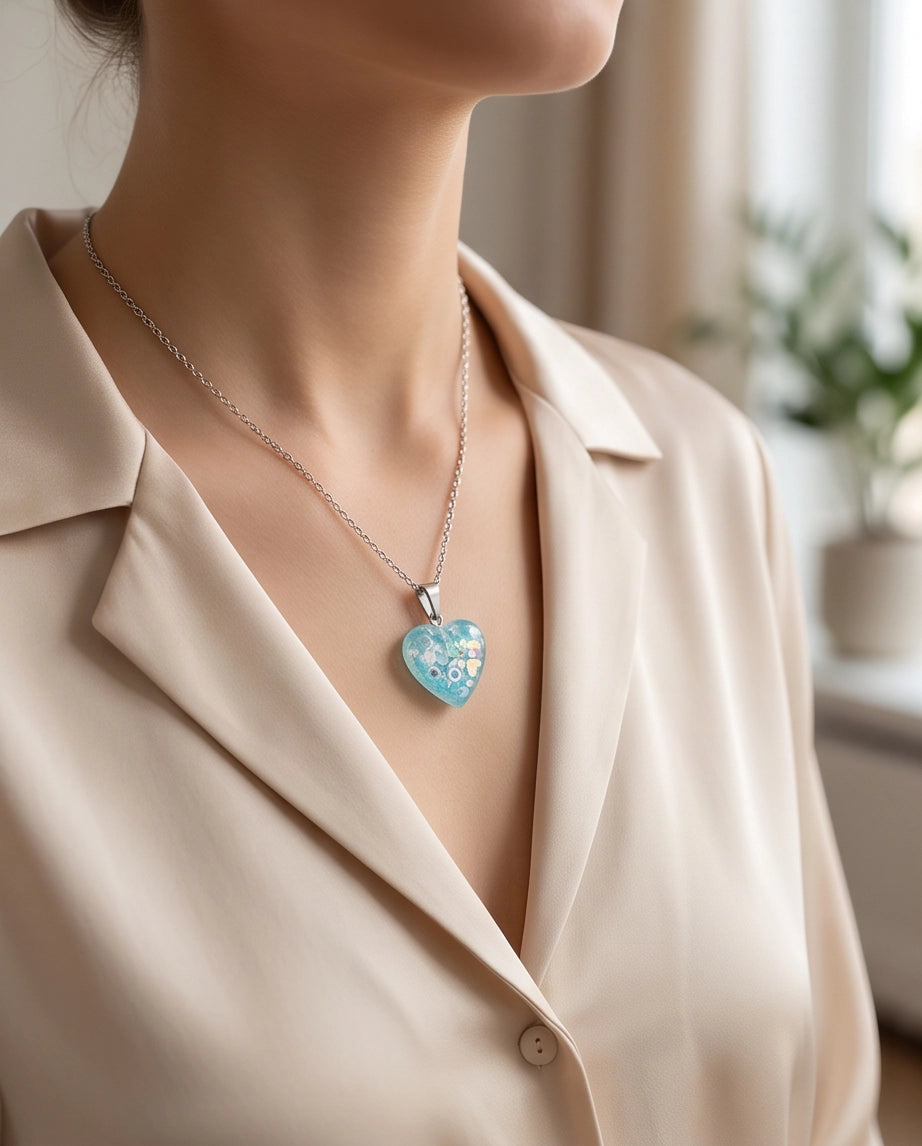 Silver Light Blue Glitter Heart Resin Pendant Necklace