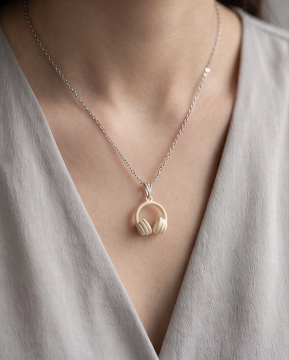 Cream White Headphones Enamel Pendant Necklace