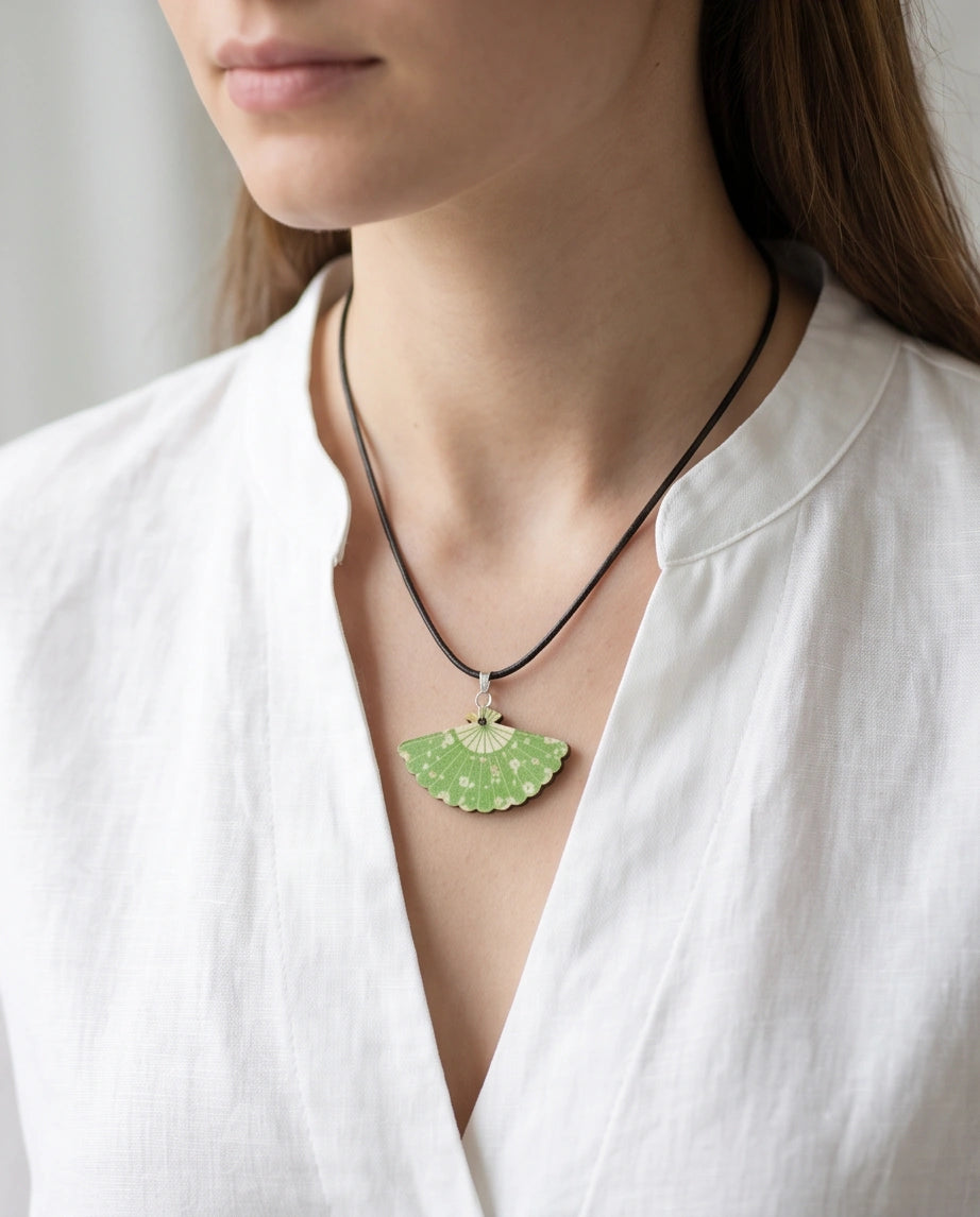 Vintage Green Matcha Floral Hand-Fan Pendant Necklace