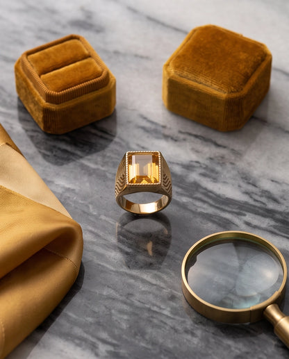 Citrine Emerald-Cut Beaded Signet Ring