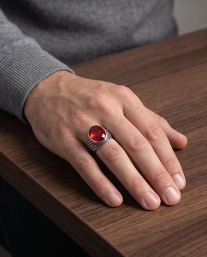 Ruby Gemstone Beaded Surround Dragon-Scale Silver Ring